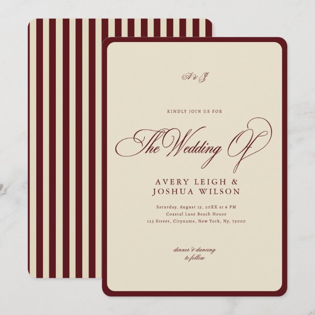 Invitation Ivory & Burgundy Stripes Border Retro Wedding (Devant / Derrière)