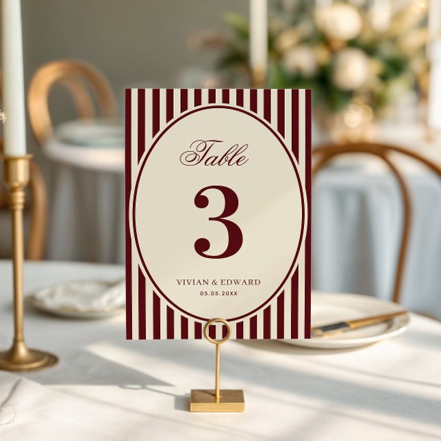 Invitation Ivory Burgundy Stripes Retro Wedding Table Number (Créateur téléchargé)