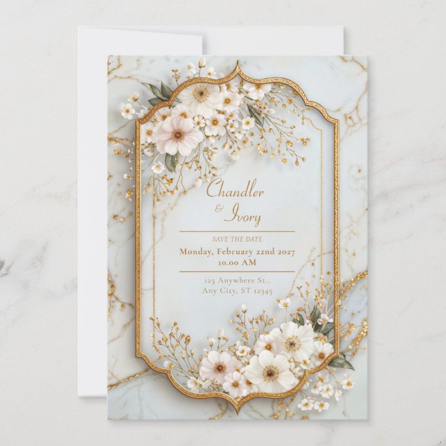 Invitation Ivory Cosmos Icy Marble Gilded Wedding (Devant)