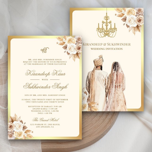 Invitation Ivory Cream Roses Floral Anand Karaj Sikh Mariage (Créateur téléchargé)