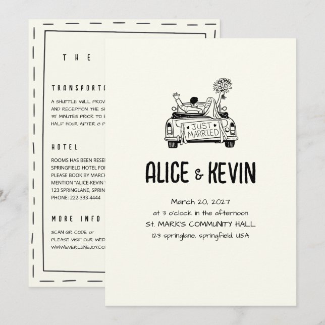 Invitation Ivory Drawn Illustration Minimalist QR Wedding (Devant / Derrière)