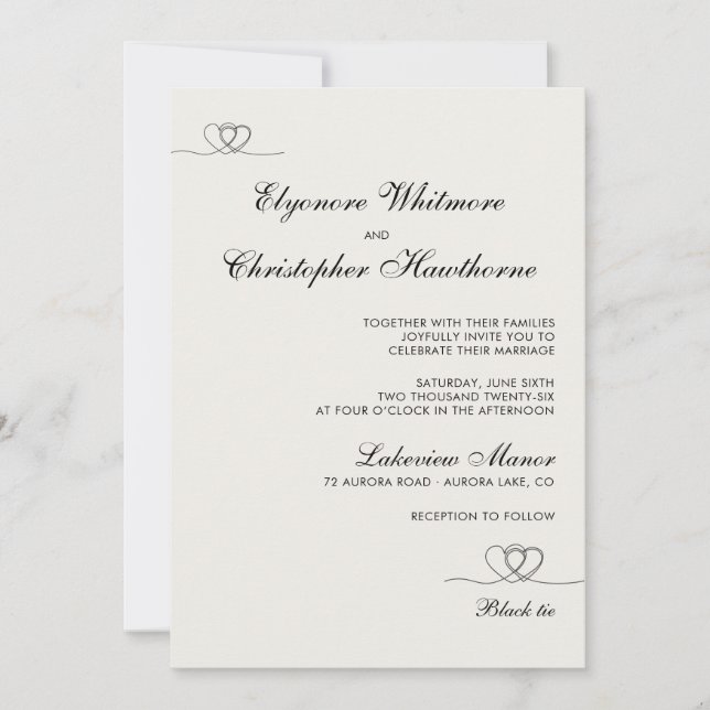 Invitation Ivory Elegant Hearts Calligraphy Wedding (Devant)