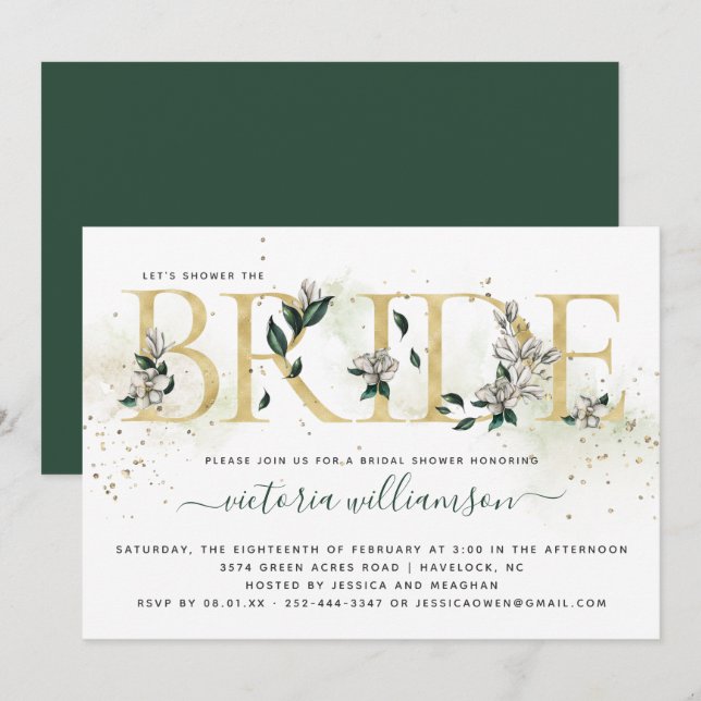 Invitation Ivory Emerald Gold Magnolia Fête des mariées flora (Devant / Derrière)