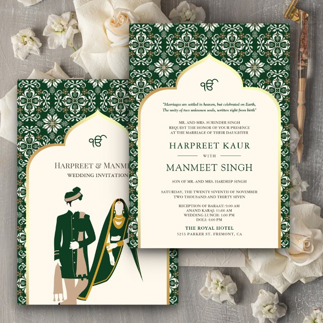 Invitation Ivory Emerald Motif Anand Karaj Sikh Mariage (Créateur téléchargé)