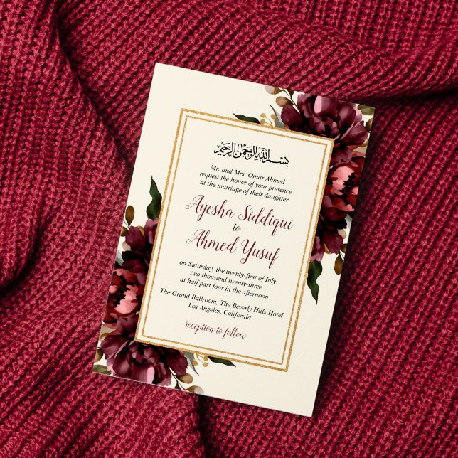 Invitation Ivory et Bourgogne Floral Mariage musulman (Créateur téléchargé)