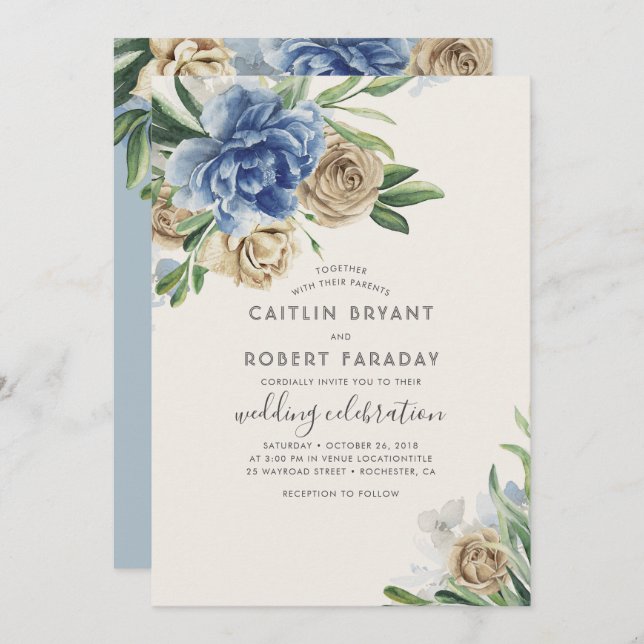 Invitation Ivory et Dusty Blue Floral Mariage campagnard rust (Devant / Derrière)