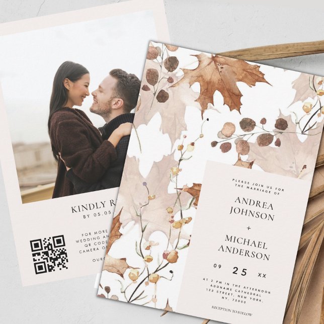 Invitation Ivory Fall quitte Photo QR Code Tout en un Mariage (Créateur téléchargé)