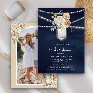 Invitation Ivory Floral Mason Jar Photo Marine Fête des marié
