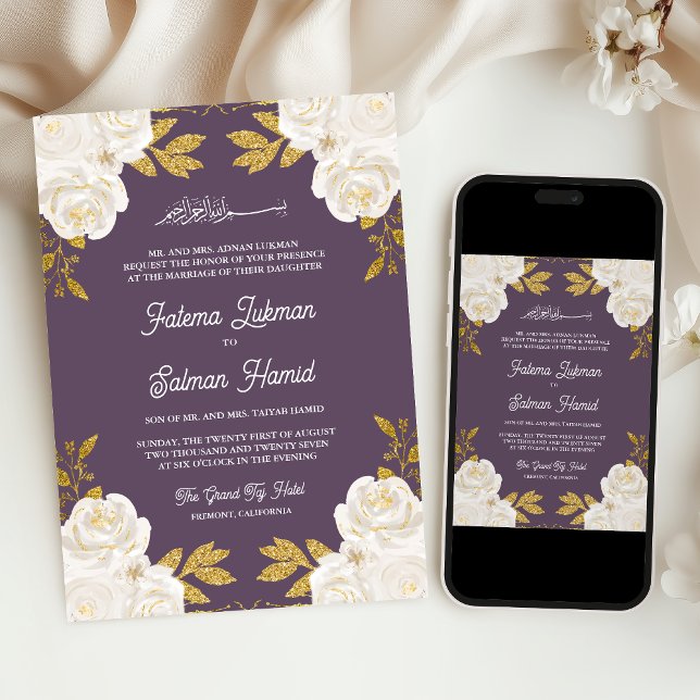 Invitation Ivory Floral or Dusty violet Mariage musulman (Créateur téléchargé)