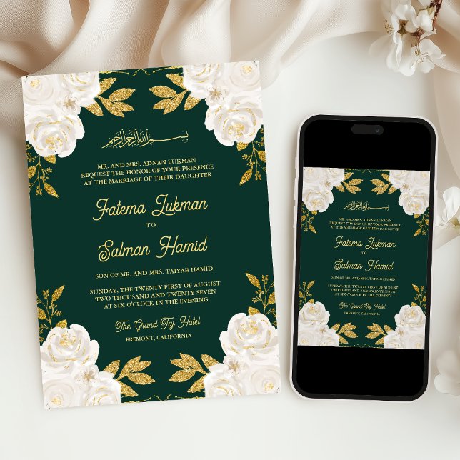 Invitation Ivory Floral Or Emerald Vert Mariage musulman (Créateur téléchargé)