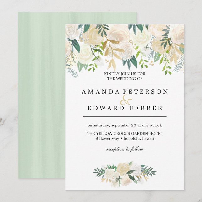 Invitation Ivory Floral Rose verdure menthe mariage (Devant / Derrière)