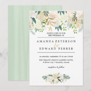 Invitation Ivory Floral Rose verdure menthe mariage