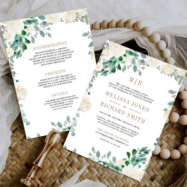 Invitation Ivory Floral Sage Feuilles verts tous en un Mariag (Créateur téléchargé)