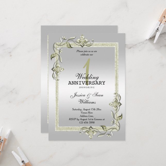Invitation Ivory Gem, Parties scintillant & Silver 1er Mariag (Devant/Arrière en situation)