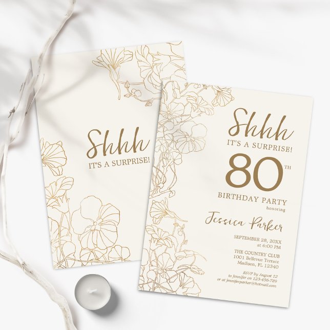 Invitation Ivory Gold Botanical Surprise 80e anniversaire (Créateur téléchargé)