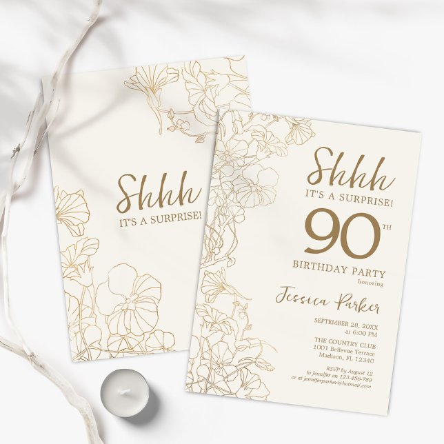 Invitation Ivory Gold Botanical Surprise 90e anniversaire (Créateur téléchargé)