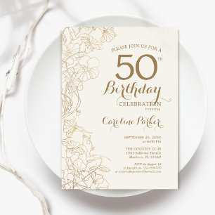 Invitation Ivory Gold Floral 50e fête d'anniversaire