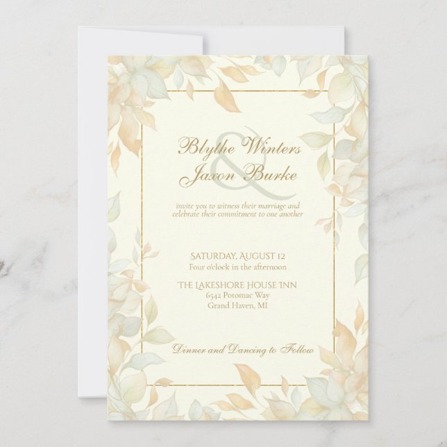 Invitation Ivory Gold Leafy Border Botanical Elegant Wedding (Devant)