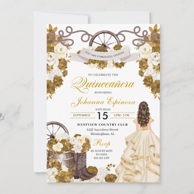 Invitation Ivory Gold Western Ranchero Cowgirl Quinceanera (Devant)