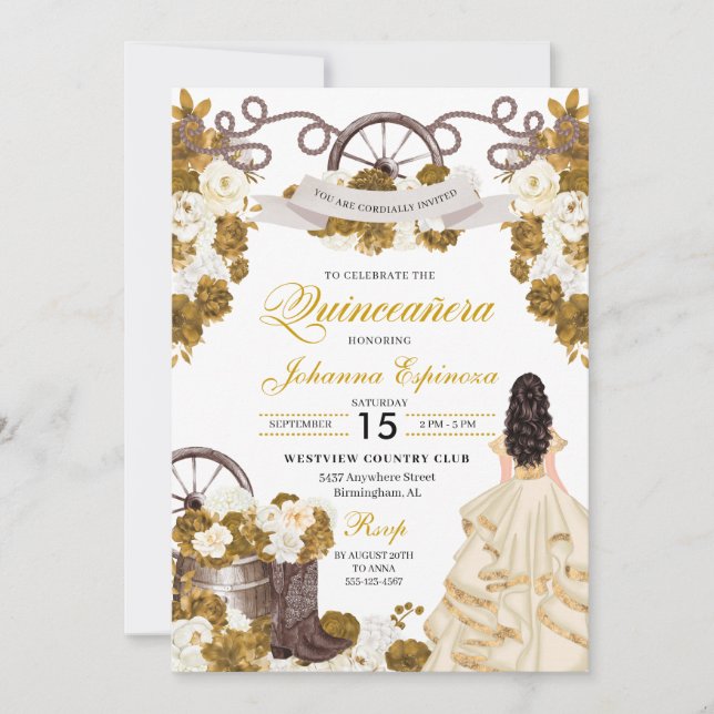 Invitation Ivory Gold Western Ranchero Cowgirl Quinceanera (Devant)