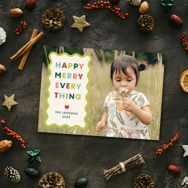 Invitation Ivory Happy Merry Wavy Christmas Photo Card (Créateur téléchargé)