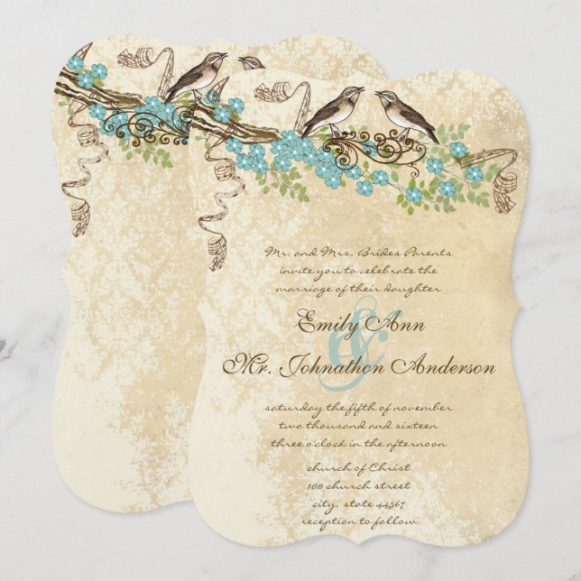 Invitation Ivory Lace Aqua Blue Blossom Inséparables Mariages (Devant / Derrière)