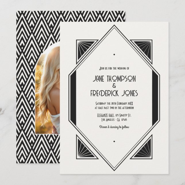 Invitation Ivory Linen & Jet Black Art Deco Wedding Photo (Devant / Derrière)