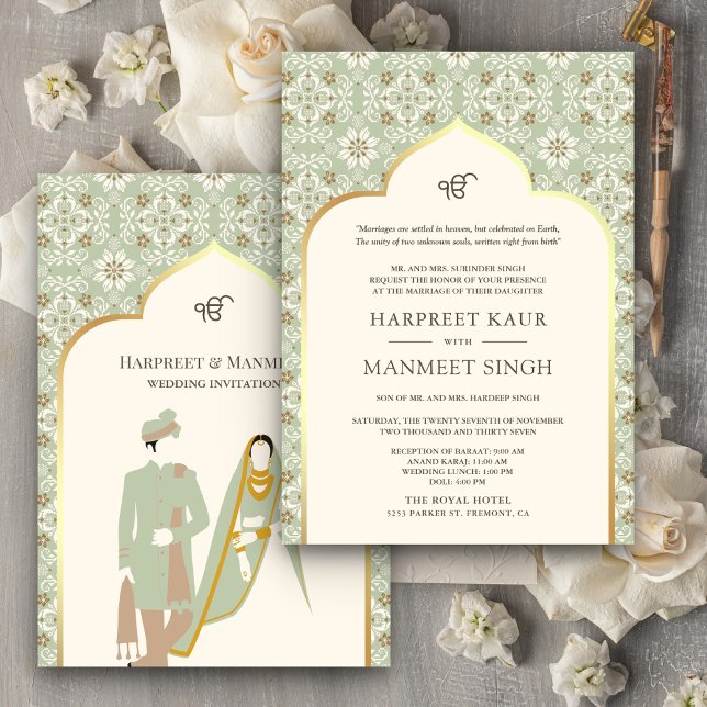 Invitation Ivory Mint Green Motif Anand Karaj Sikh Mariage (Créateur téléchargé)