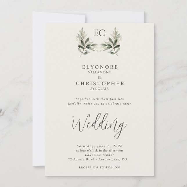 Invitation Ivory Olive Branch Monogram Photo Wedding  (Devant)