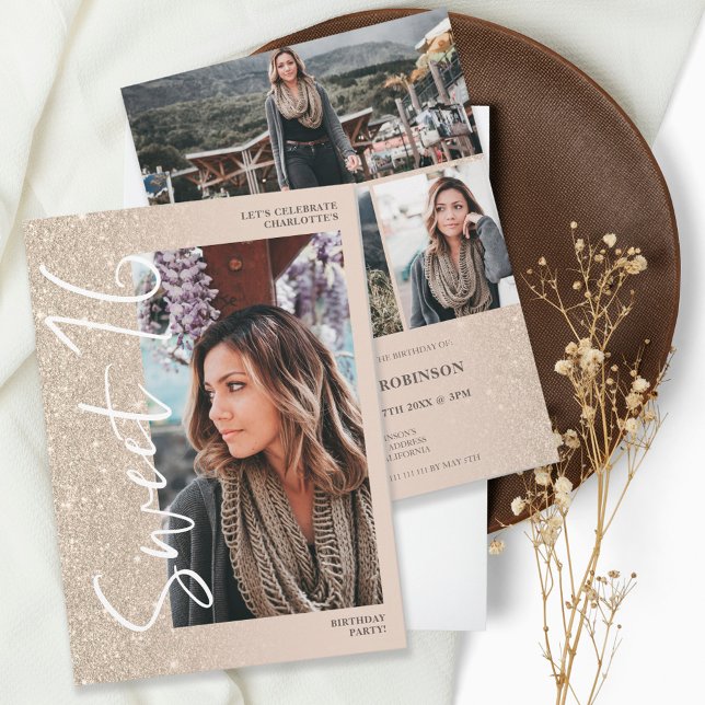 Invitation Ivory parties scintillant ombre script 4 photos Sw (Créateur téléchargé)