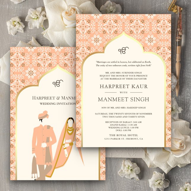 Invitation Ivory Peach Motif Anand Karaj Sikh Mariage (Créateur téléchargé)