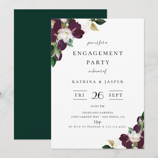 Invitation Ivory Plum Floral (Devant / Derrière)