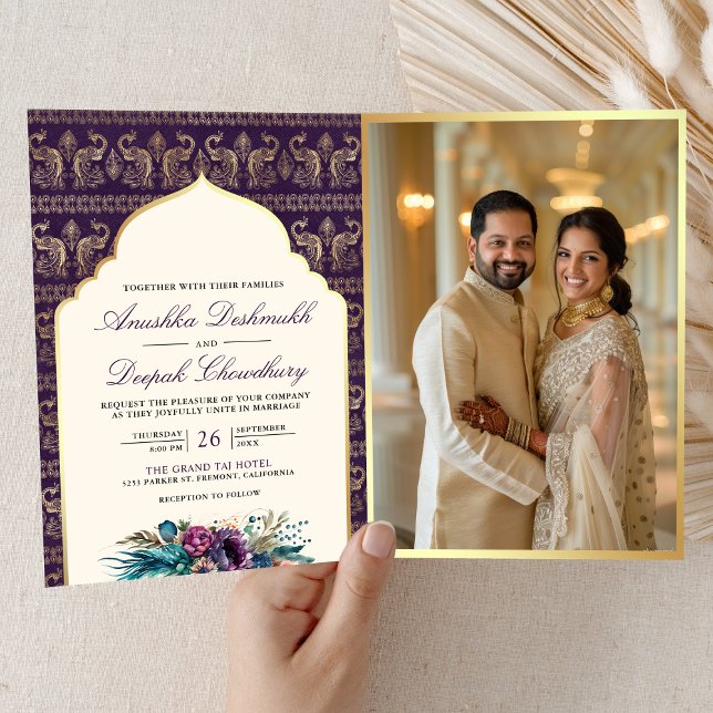 Invitation Ivory Purple Peacock Motif Floral Indien Mariage (Créateur téléchargé)