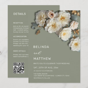 Invitation Ivory Roses Fleurs 3D Sage Vert Tout-En-Un
