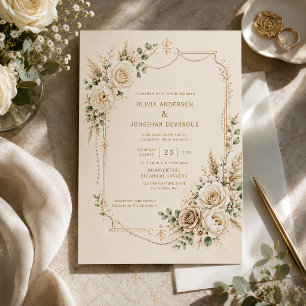 Invitation Ivory Roses Pivoines Perles Herbe de Pampas Mariag
