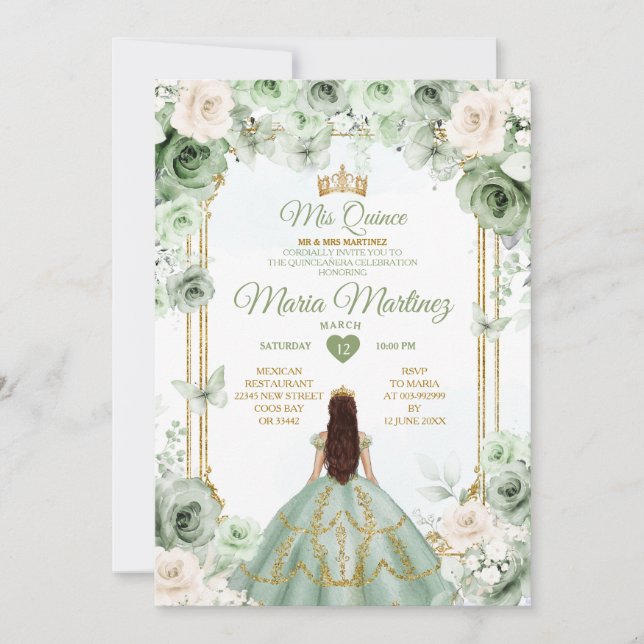 Invitation Ivory & Sage Green Floral Mis Quince Anniversaire (Devant)
