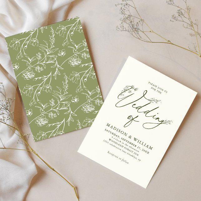 Invitation Ivory Sage Green Ligne Delicate Art Floral Mariage (Créateur téléchargé)