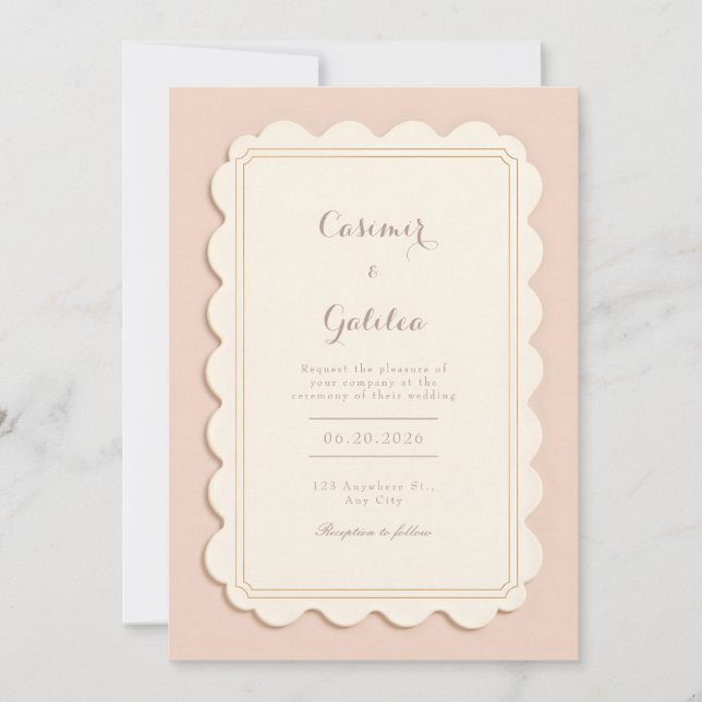 Invitation Ivory Scalloped Gilded Border Minimalist Wedding (Devant)