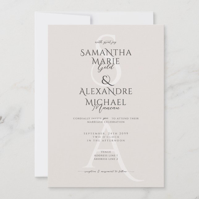 Invitation Ivory Script Classy Contemporary Monogram Mariage (Devant)