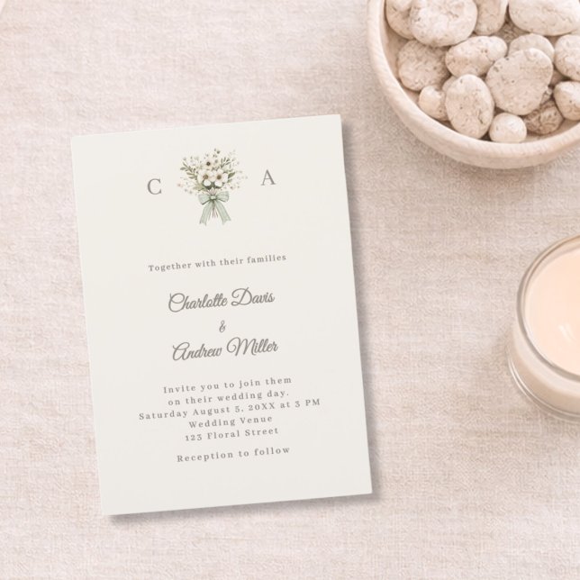 Invitation Ivory taupe monogrammed floral green wedding  (Créateur téléchargé)