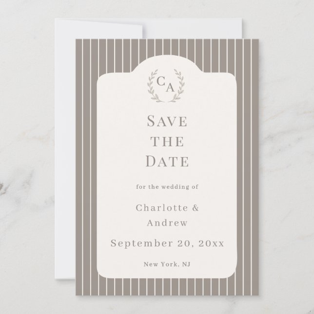Invitation Ivory Taupe Neutral Pinstriped Wedding  (Devant)