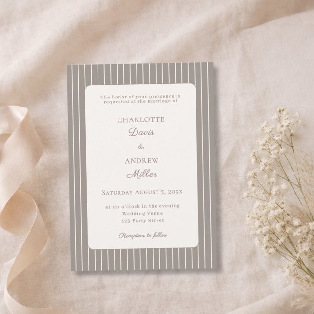 Invitation Ivory Taupe Neutral Pinstriped Wedding  (Créateur téléchargé)