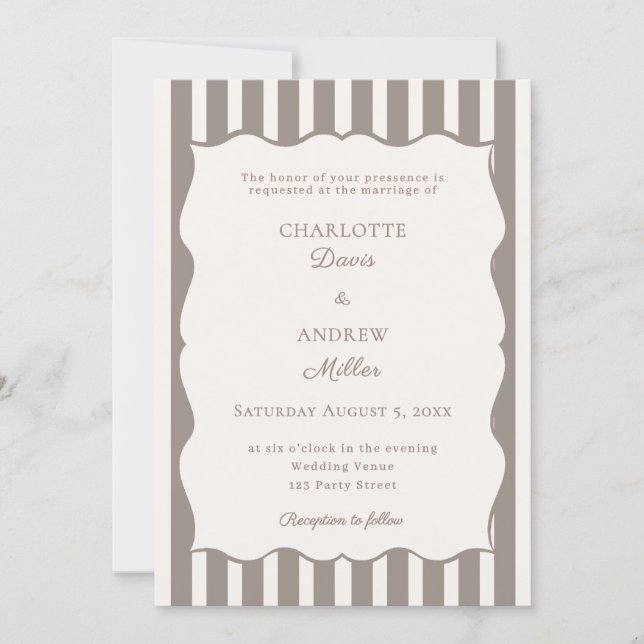 Invitation Ivory taupe striped simple wedding (Devant)