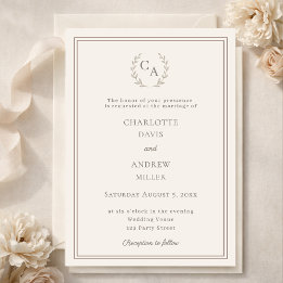Invitation Ivory taupe wreath monogram simple wedding