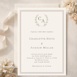 Invitation Ivory taupe wreath monogrammed simple wedding