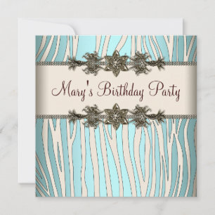 Invitation Ivory Turquoise Bleu Zèbre Femmes Fête d'anniversa