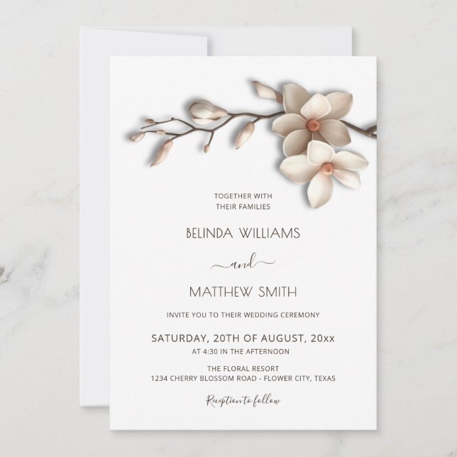 Invitation Ivory White Magnolia Textural Flower Wedding (Devant)