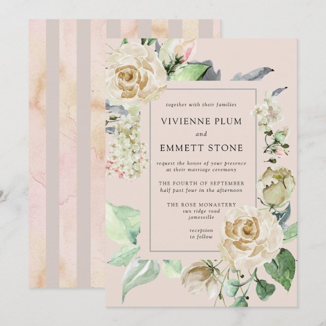 Invitation Ivory White Rose Hydrangea Mariage (Devant / Derrière)