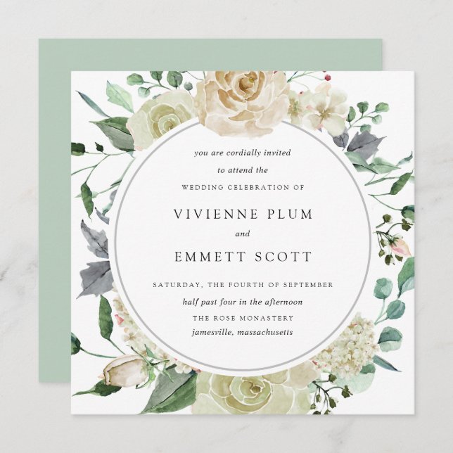 Invitation Ivory White Rose Hydrangea Mariage Floral (Devant / Derrière)