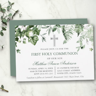 Invitation Ivy aux fougères aquarelle vert sauge Communion